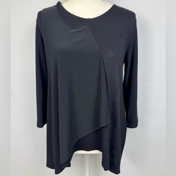 Sympli Sweaters - Sympli Asymmetrical Knit Tunic Long Sleeves Lightweight Mixed Media Black Size 8
